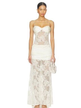 For Love & Lemons Corded Lace Silk Jacquard Maxi Dress in Cream